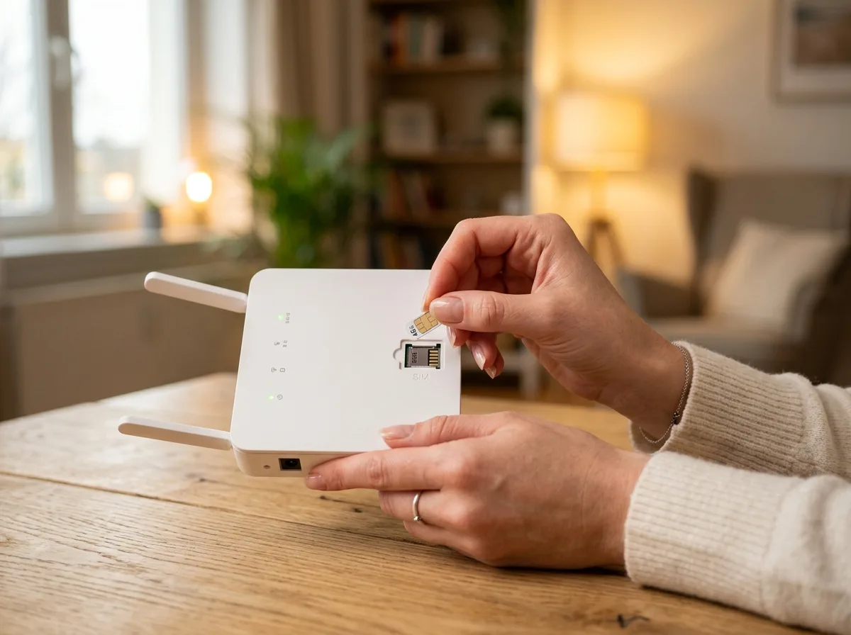 Hands sliding a SIM card into a home 4G router on a wooden table